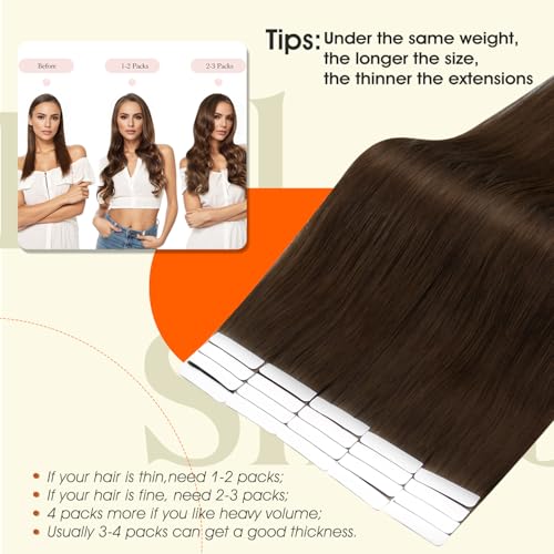 Image of Full Shine Injected Tape in Hair Extensions Human Hair,4 Medium Natural Brown,22Inch 50G 20Pcs,Seamless Invisible Skin Weft Hair Extensions for Daily Wear,Thick End,Natural Finish