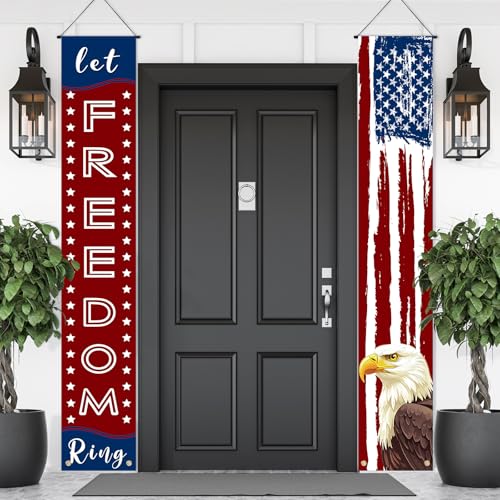Large 4th of July Door Banner Porch Signs Decoration Patriotic Memorial Day Independence Day Front Door Wreath Welcome Banner Hanging Yard Sign Bunting Background for Indoor/Outdoor Holiday Party