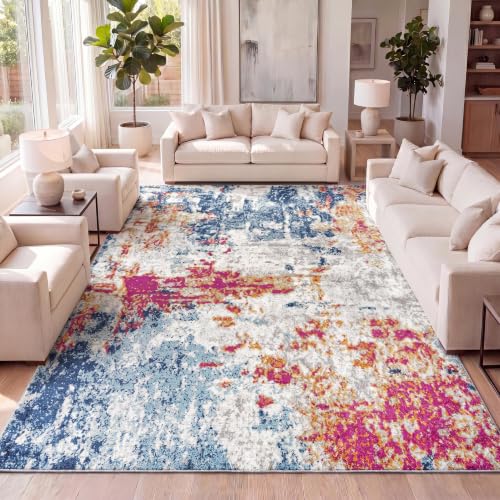 JONATHAN Y Sunset Modern Abstract Blue/Multi Indoor Area Rug, 3x5, Contemporary, Transitional, Easy-Cleaning for Living Room, Bedroom, Kitchen, Pet Friendly, Non-Shedding (CTP114A-3)