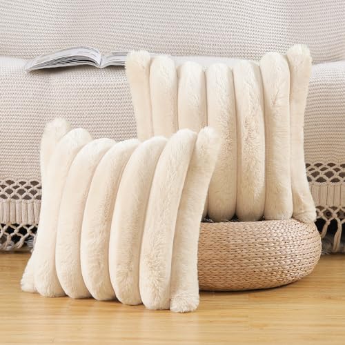 Madizz Lot de 2 Housses de Coussin en Peluche en Fausse Fourrure Housse de Coussin décorative Douce à Rayures moelleuses pour Coussin de Chambre à Coucher de canapé Beige 45 x 45 cm