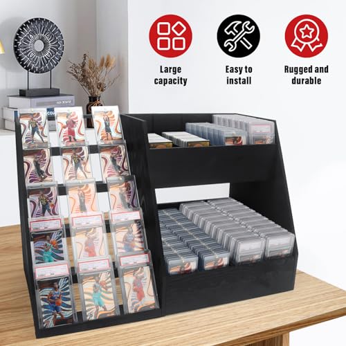 Image of 5-Tier Trading Card Display,Large Capacity Card Display Stand with 8-Row Storage & 8 Stoppers + Dividers,Wooden Graded Card Display Holds 200+ PSA BGS SGC Slabs for Sports Card and Game Card Collection
