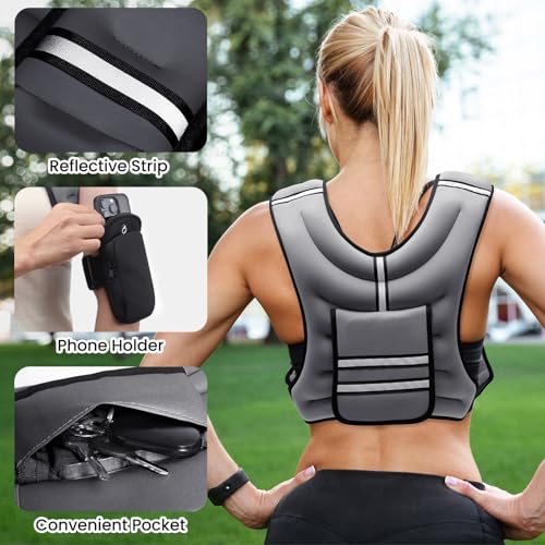 Fragraim Adjustable Weighted Vest for Women Men, 8-12lb Weight Vest with 4 Removable Iron Weights, Phone Holder and Back Pocket, Vest for Walking,Strength Training, Running - Grey - Thumbnail 4