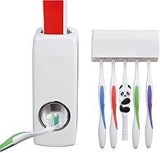 موزع معجون أسنان اوتوماتيك مع 5 حوامل فرش أسنان يثبت على الحائط من وايت كلاود ترانسفورمينج®، مجموعة حامل وموزع معجون أسنان بالغضط مضاد للغبار (201-13)