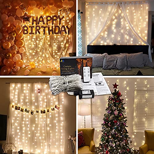 JMEXSUSS Remote Control Curtain Lights Plug in Curtain Lights Outdoor,300 LED Window Wall Hanging Curtain String Light for Christmas Bedroom Wedding Party Backdrop Garden Indoor (Warm White)