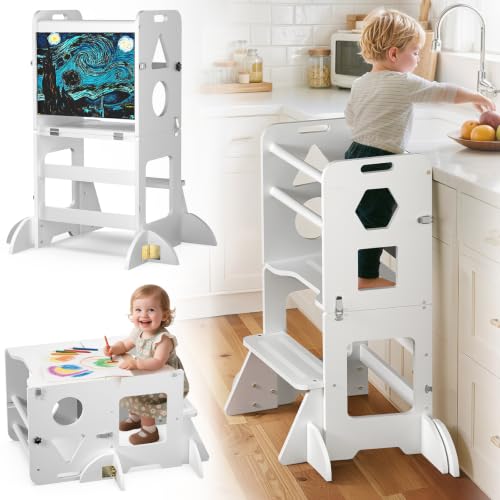 Image of Toddler Standing Tower Anti-Tip Wooden Kitchen Step Stool Helper，White