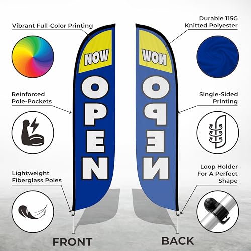 Image of LookOurWay Feather Flag Pole Kit - 12 Feet Tall Advertising Flag Banner with Fiberglass Pole Kit and Ground Spike for Business Promotion - Grand Opening Flags - Now Open Blue & Yellow (10M1200029)
