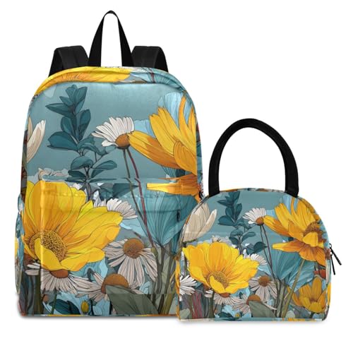 Backpack Lunch Box Set Large Capacity Travel Backpacks and Insulated Lunch Bag for Commute Hiking Picnic Bold Line Flowers Print
