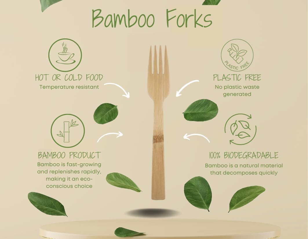Bamboo Disposable & Compostable Forks | Biodegradable | 6.7" Eco-Friendly Utensils | 100 Pack (Forks)
