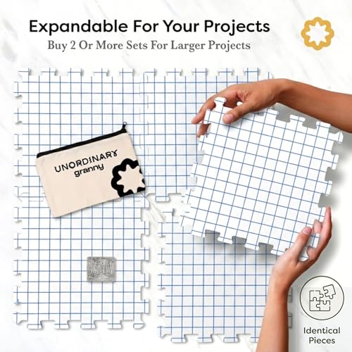 Image of Unordinary Granny Crochet Blocking Board Set - 9 Extra Thick Interlocking Mats with Grid, 150 T-Pins, Felt Storage Bag and Cotton Pouch (Soft White)