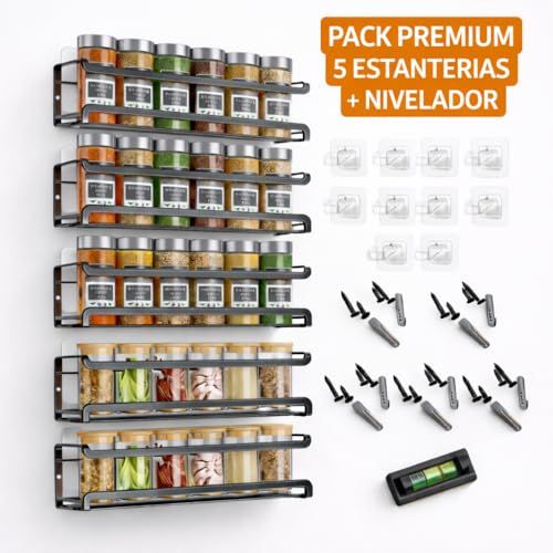 MARTIABRANDS GLOBAL 5 UNIDADES | Especiero de Pared sin Taladro – Especieros de Cocina – Estanterías Metálicas Negro Mate – Adhesivo 3M o Tornillos – Incluye Nivelador - imagen 5
