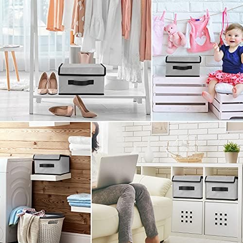 wsryx 4 Pack Storage Boxes with Lids, Foldable Fabric Organiser Containers Boxes with Handle Large Storage Bins for Toys, Clothes, Towels, Books (GREY)