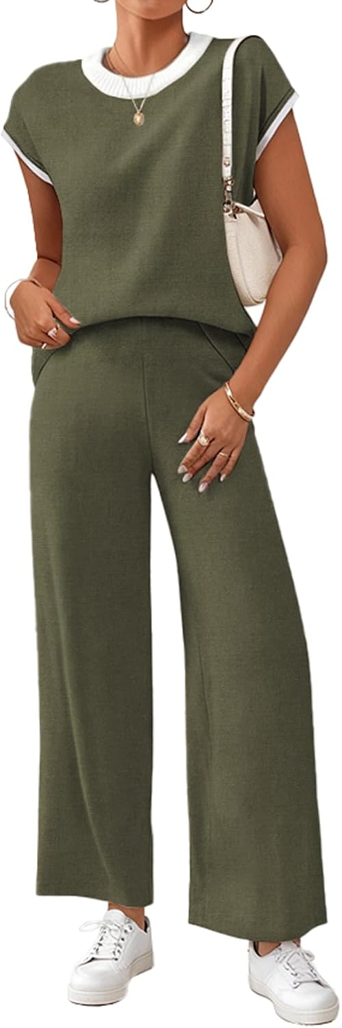 SHEWIN Womens 2 Piece Lounge Sets Casual Cap Sleeve Knit Sweater Top and Linen Pants Set Summer Outfits Clothes