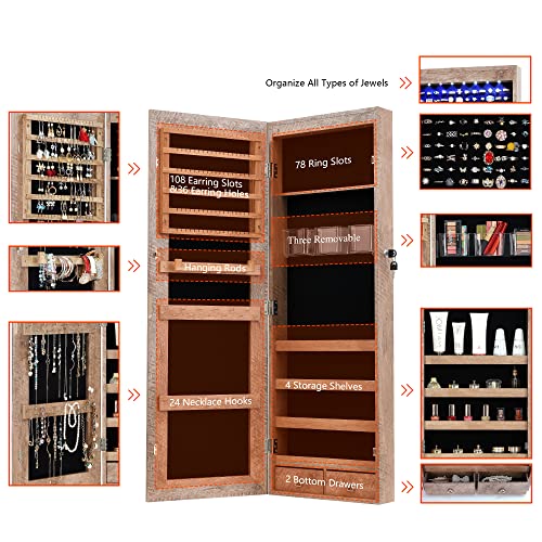 Lvsomt Full-Length Mirror Jewelry Cabinet, Jewelry Organizer And Storage With 8 Led Lights, Wall Mounted/Over The Door Hanging Large Jewelry Armoire With 2 Drawers, 4 Shelves For Bedroom (Natural) #TOP3
