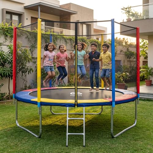 Image of Hop N Play 10FT Trampoline for Kids & Adults with Safety Net, Ladder & Cushioned Poles | Heavy Duty Outdoor & Indoor Fitness Bouncer | 175kg Capacity | Backyard Jumping Jhula