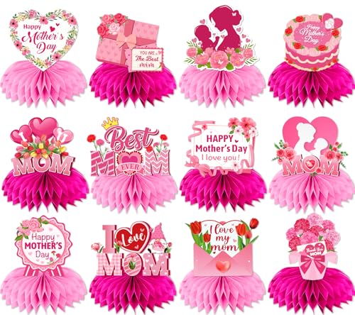 Mothers Day Table Decorations - 12Pcs Pink Floral Best Mom Ever Honeycomb Centerpieces for Happy Mother's Day Party Supplies