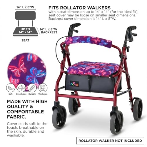 NOVA Rollator Walker Seat & Backrest Cover Set – Removable Washable Fabric Cushion Covers for Standard Rolling Walkers, Comfort & Style Upgrade Mobility Accessory, Butterflies Design