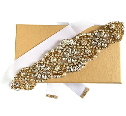 ZIUMUDY Bridal Rhinestone Belts Handmade Clear Crystal Sashes Wedding Belts For Evening Gowns (Gold-white)