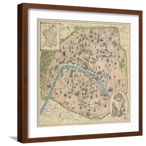 ART.COM Wall Art Print Vintage Paris Map on Brown Frame