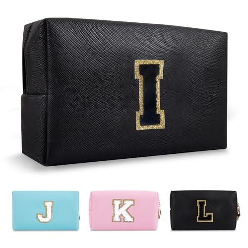 Personalized Initial A-Z Preppy Patch Makeup Bag,Small PU Chenille Letter Cosmetic Bag with Zipper for Teen Girls,Black Cute Toiletry Organizer Bag,Monogram Makeup Case Gift for Women Girls,Letter I