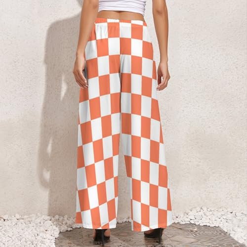 VOSERY Palazzo Pants for Women - White Orange Squares Checkerboard Comfy Casual Womens Wide Leg Pants Baggy Lounge Pants4