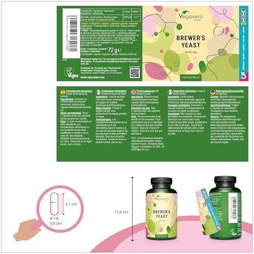 Bierhefe Brewers Yeast 2500 mg | Mit Biotin für gesunde Haut, Haare und Nägel | 100% natürlich ohne Zusatzstoffe| Laborgeprüft | Deutsche Produktion | 120 hochdosierte Kapseln | Vegan | Vegavero