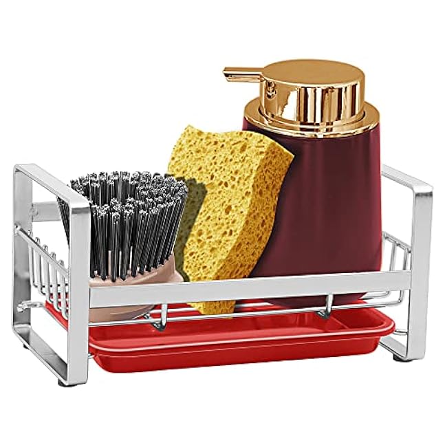 2 Pack Kitchen Sponge Holder - Kitchen Sink Organizer - Sink Caddy - Sink Tray - Soap Holder - Stainless Steel,Silver+Red 2PCS