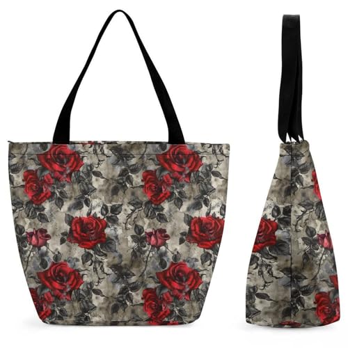Red Flowers And Blue Palm Leaves Tote Bag for Women Reusable Shopping Bag Beach Bag for Shopping Gym Travel