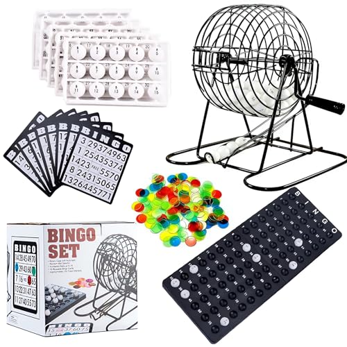Hoadyush Juego de Bingo Completo – con Tambor Metálico, 75 Bolas Numeradas, 18 Cartones y 125 Fichas – Juego de Mesa para Adultos, Mayores y Niños – Ideal para Fiestas y Noche en Familia (Negro)