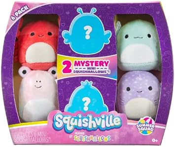 Squishville by Original Squishmallows Summer Squad - 2-Inch Anastasia, Aziza, Brenda, Suneetha, Carlito, Carlos Plush - Toys for Kids