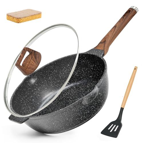 Image of MOJIRE Deep Frying Pan Nonstick with Lid and Spatula, 12 inch / 5.5 Quart Saute Pan, Non Stick Granite Stir-Fry Chef Skillet with Scrub Sponge, Gas Induction Stovetops Compatible