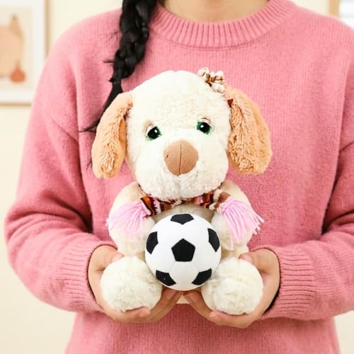 Image of Tickles Muffler Dog with Football Soft Stuffed Plush Animal Sports Theme Toy for Kids Boys & Girls Birthday Gifts (Size: 22 cm Color: White)