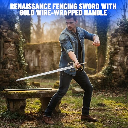 SZCO 36\" Decorative Rapier Sword – Renaissance Fencing Sword with Gold Wire-Wrapped Handle, 29\" Stainless Steel Blade & Scabbard for Display, LARP, Costume & Collectors - Thumbnail 4