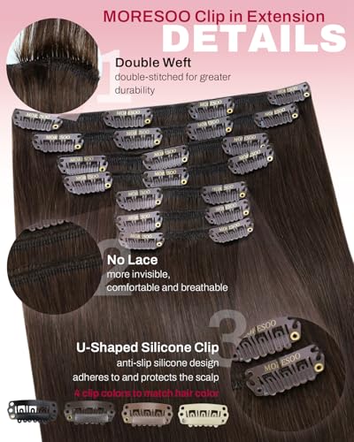 Image of Moresoo Human Hair Clip in Extensions Brown Double Weft Silk Soft Natural Hair Extensions for Women Medium Brown #4 7pcs /150g 22inch