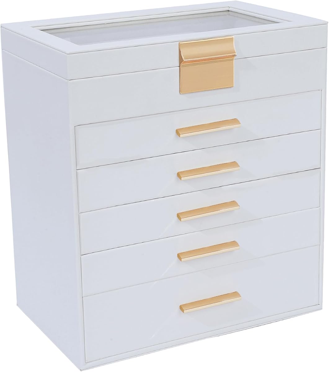 BOOVO Cajas de joyería para mujer, blanco y negro, caja de joyería grande de 6 capas para collares, pulseras, pendientes, anillos, organizador de joyas para regalo de niñas (blanco transparente, 6 capas)