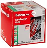 fischer DuoPower 8 x 65 S, Universaldübel mit Sicherheitsschraube, 2-Komponenten-Dübel, Kunststoffdübel zur Befestigung in Beton, Ziegeln, Stein, Gipskarton uvm., 25 Dübel + 25 Schrauben