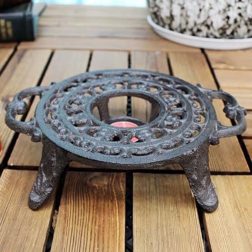 9 Inches Cast Iron Teapot Warmer Dish Cups Trivet,Round-Shaped Double Eared Design with Tealight Holder - Heavy Duty & Decorative Candle Holder Stands for Heat Food Coffee Milk or Tea - Image 5
