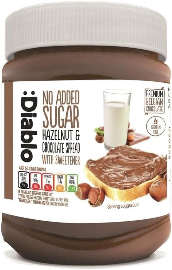 :Diablo Hazelnut & Chocolate Spread, No Added Sugar, With Sweetener, Premium Belgian Chocolate, Gluten Free, 350g