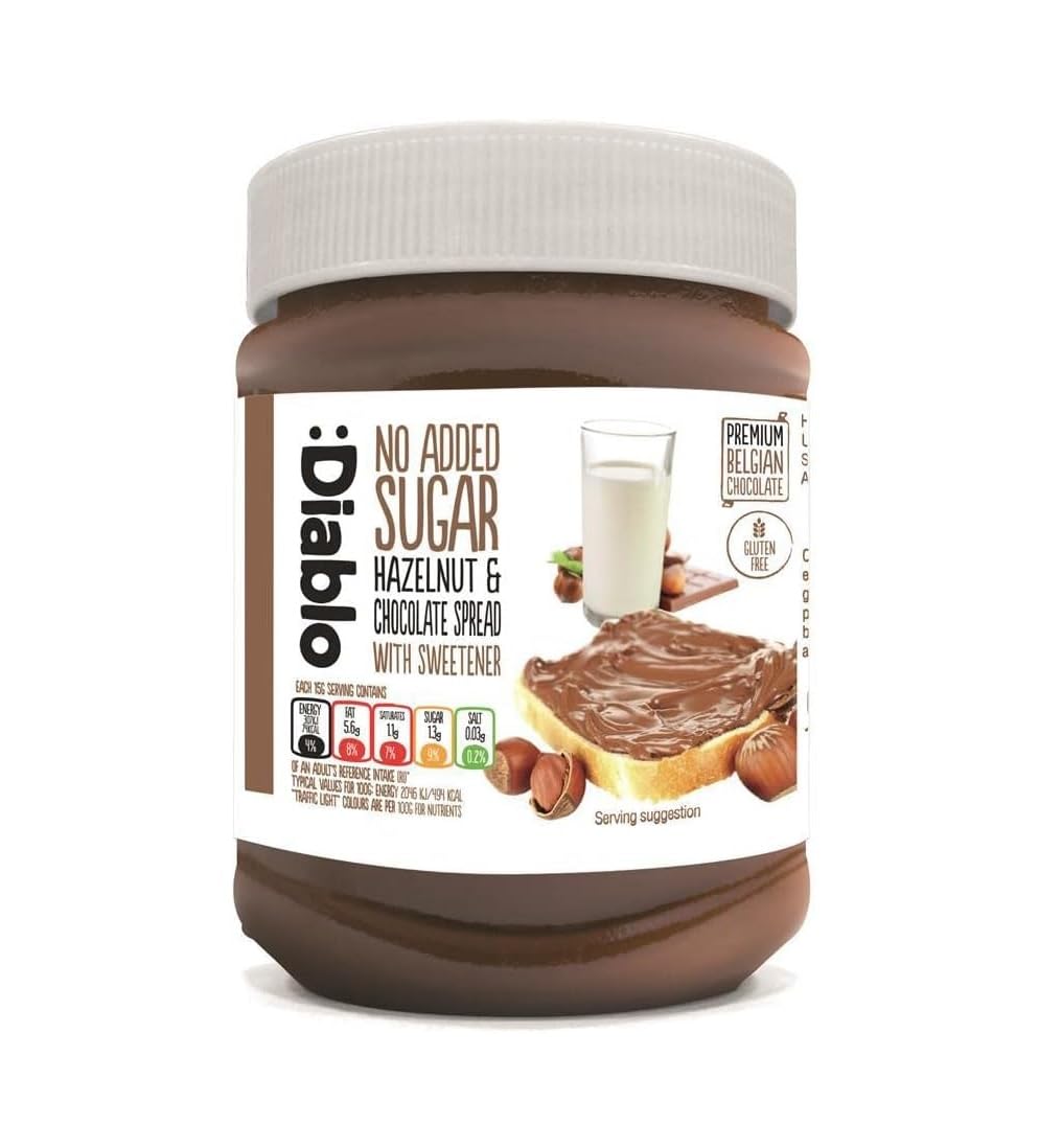 :Diablo Hazelnut & Chocolate Spread, No Added Sugar, With Sweetener, Premium Belgian Chocolate, Gluten Free, 350g