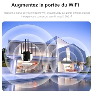 Répéteur WiFi Puissant, Amplificateur Bi-Bande WiFi AC1200Mbps, Extenseur sans Fil, Relay WiFi avec Quatre antennes à Gain élevé, Ethernet Port, WPS Fonction, Compatible avec Toutes Les Box Internet