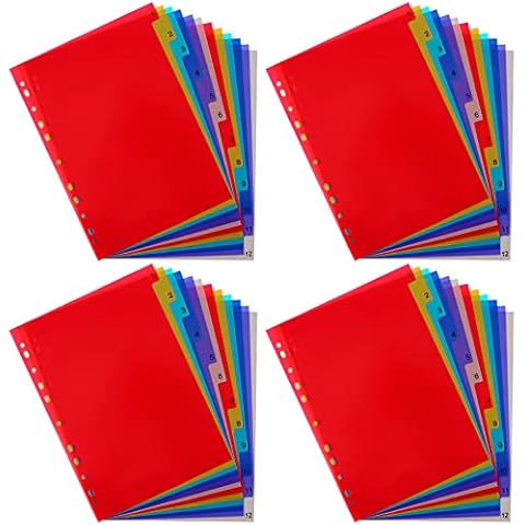 Plastic Binder Dividers,12-Tab Binder Dividers,Write & Erase Big Tab Dividers for 3 Ring Binders,Binder Tabs Notebook Dividers for 2/3/4/11 Ring Binders,Insertable Multicolor Tabs,Letter Size,4 Sets Cover