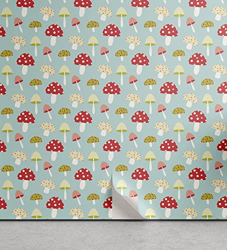 Ambesonne Mushroom Peel & Stick Wallpaper for Home, Cartoon Style Polka Dotted Elements Pattern, Self-Adhesive Living Room Kitchen Accent, 13" x 100", Pale Teal Coral Cream