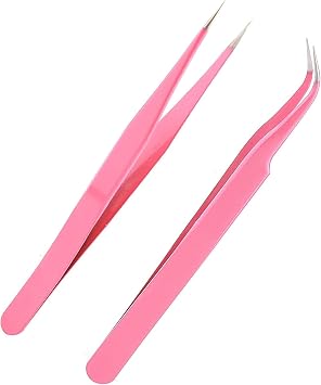 Lash Tweezers - Pack of 2 Stainless Steel Eyelash Extension Tools | Straight & Curved Tip False Lash Application Pink