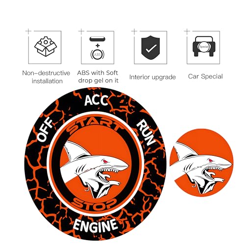 Image of TOOLEPIC Push Start Button Cover For Dodge Challenger Charger Durango Chrysler Journey Ram Accessories 2015-2024, Engine Start Stop Ignition Switch Kit -Angry Shark Design-Crazy Orange Custom Fit