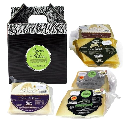QUESOS LA ALDEA | Caja Regalo Gourmet – 5 Cuñas de Queso de Oveja y Manchego D.O.P | Curado, Semicurado, Romero, Manteca, Aceite de Oliva | Cesta de Navidad | Caja Gourmet para Regalar
