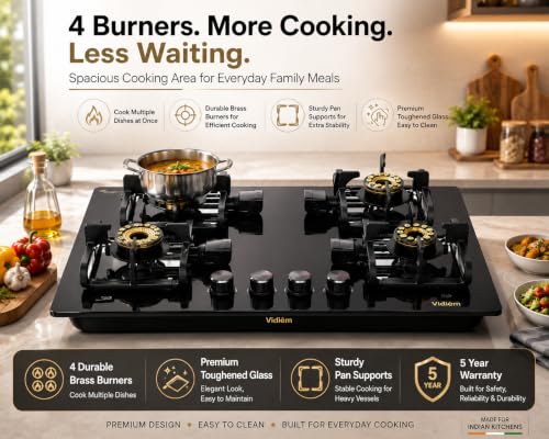 Image of Vidiem Vogue V1 4-Burner Gas Cooktop /Hob| First Fully Removable Burner Assembly|10MM Toughened Glass|Hexa Flame Forged Brass Burners| Thick Pan Support|Manual Ignition|5-Year Warranty