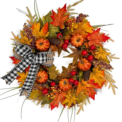 IVKHE 24" Fall Maple Leaf Wreath for Front Door with Buffalo Check Bow - Rustic Autumn Harvest Wreath with Orange Pumpkins, Pinecones and Berries - Farmhouse Thanksgiving Halloween Outdoor Decor