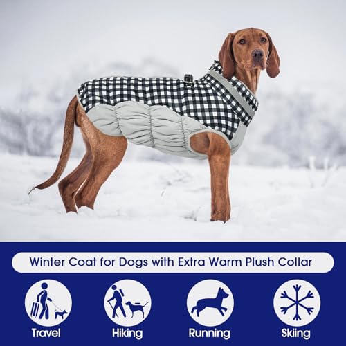 Image of Dog Coat for Large Dogs,Waterproof Dog Winter Jacket with Harness Built in Puppy Cold Weather Coats Reflective Pet Vest with Zipper Warm Fleece Dogs Snowsuit Windproof Checkerboard 3XL
