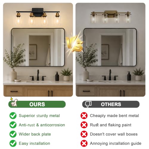 Image of Ascher Bathroom Light Fixtures, 4-Light Vanity Lights with Clear Glass Shade, Modern Black and Gold Wall Light for Mirror Bedroom Hallway Cabinet Porch