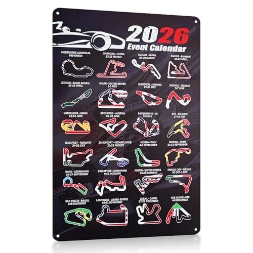 FILOEEX Póster de evento de Fórmula 1 2026, calendario de carreras con diseños de pista de carreras de fórmula, letreros de metal, arte de pared vintage, regalos para fanáticos de la F1, garajes de