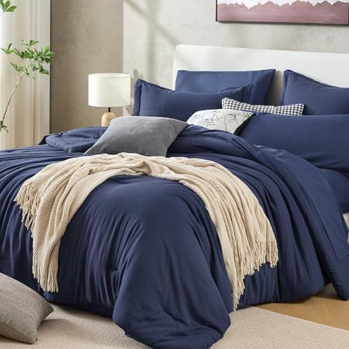 Sasttie Queen Comforter Set 7-Piece Navy Blue